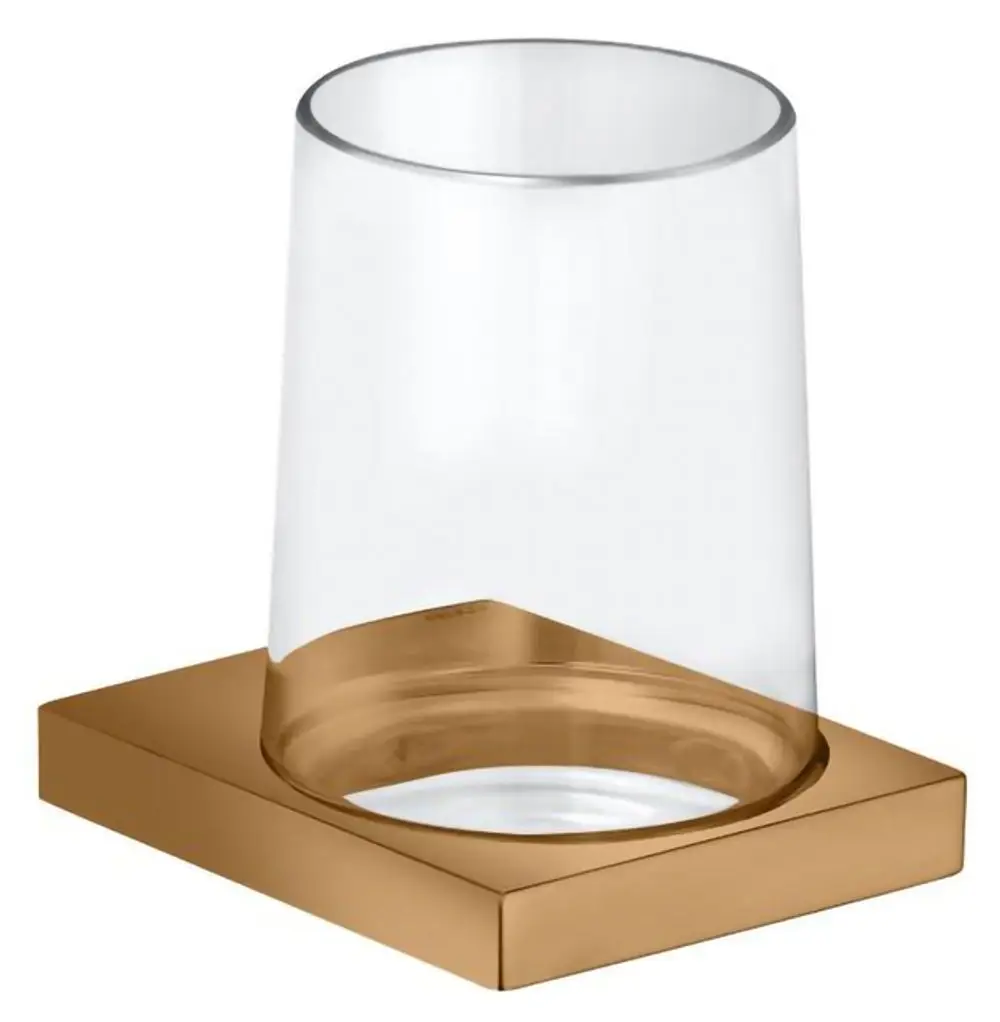 Glashalter von Keuco mit einem klaren Echtkristall-Glas und einer gebürsteten Bronzetbasis, die die Unterlage sichert.